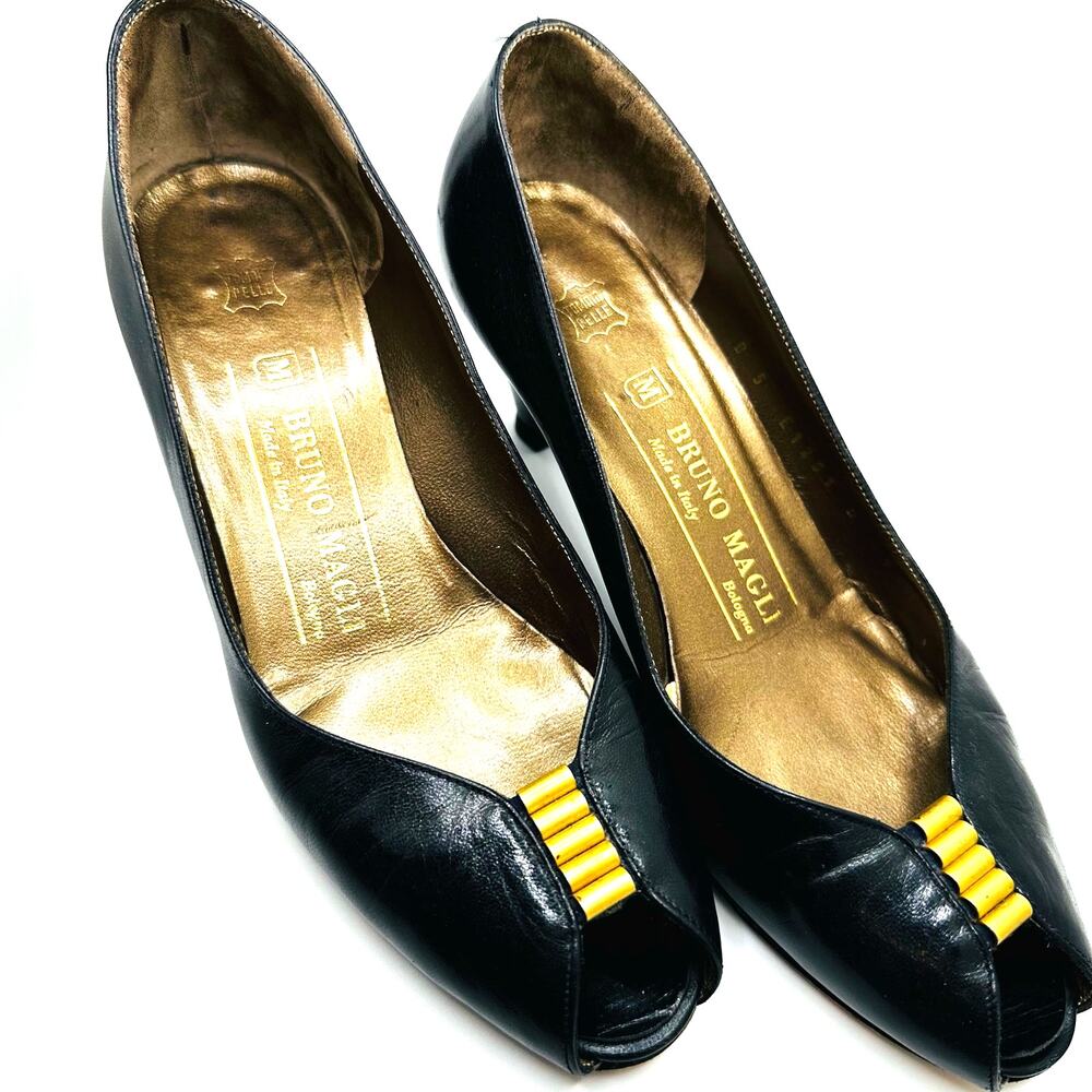 Vintage Bruno Magli Black and Gold Heeled Slides - Picture 2 of 9